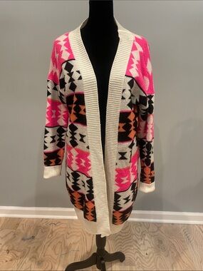 Cream Open-Front Cardigan Sweater with Pink & Black Aztec Print